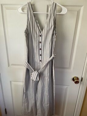 Cage Striped Linen Blend Jumpsuit Size S Wide Leg POCKETS